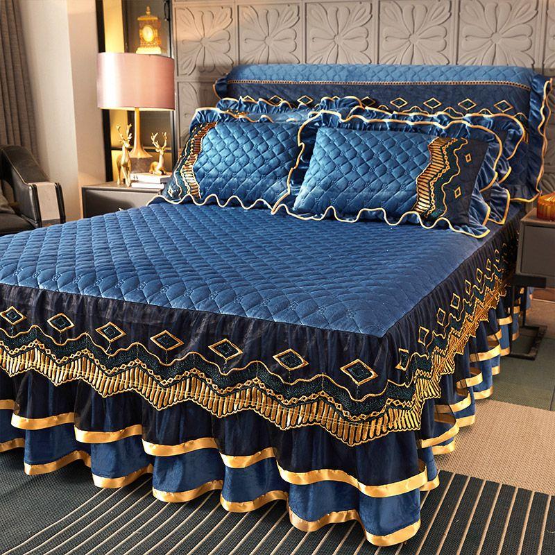 1pcs Luxurious European Quilted Crystal Velvet Bed Skirt Set with Lace Trim - Warm, Thick,1 Bed Skirt