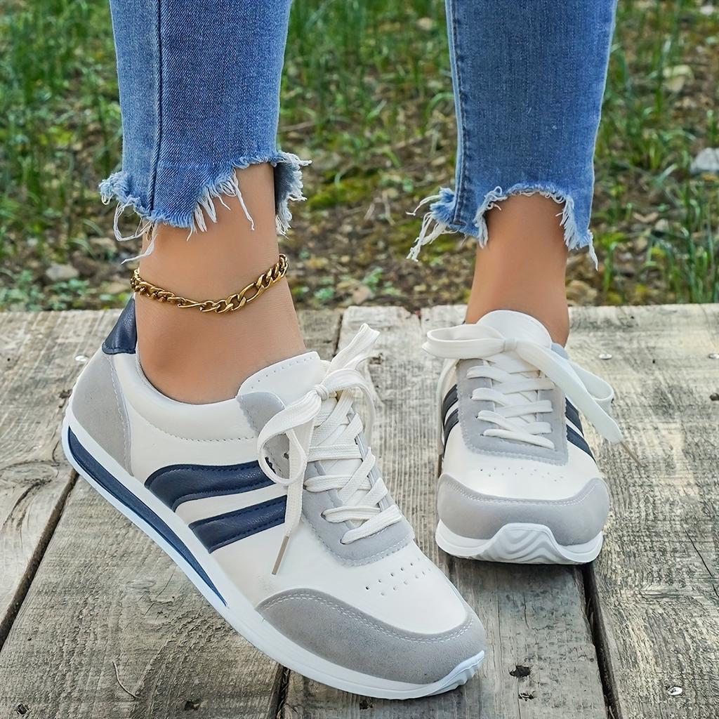 Women's Casual White Sneakers with Blue Accents - Breathable & Comfortable Lace-Up Running Shoes, Low-Top Fitness & Travel Footwear, Soft Rubber Sole