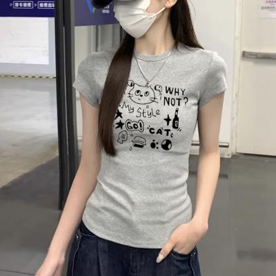 American Front Shoulder Crew Neck Short-sleeved T-shirt for Women's Summer Explosion Cartoon Age-reducing Printing Casual Outer Wear Versatile Top