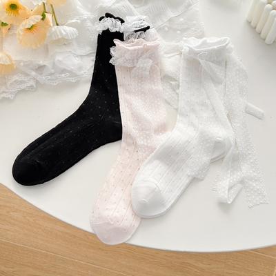 Damen Sommer Dünner Absatz Schleife Netz Atmungsaktiv Süß Spitze Spitze Knochenloses Rohr Stapelsocken