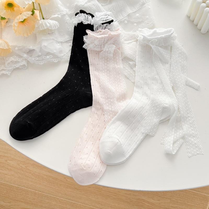Female Summer Thin Heel Bow Mesh Breathable Sweet Lace Lace Boneless Tube Stack Socks