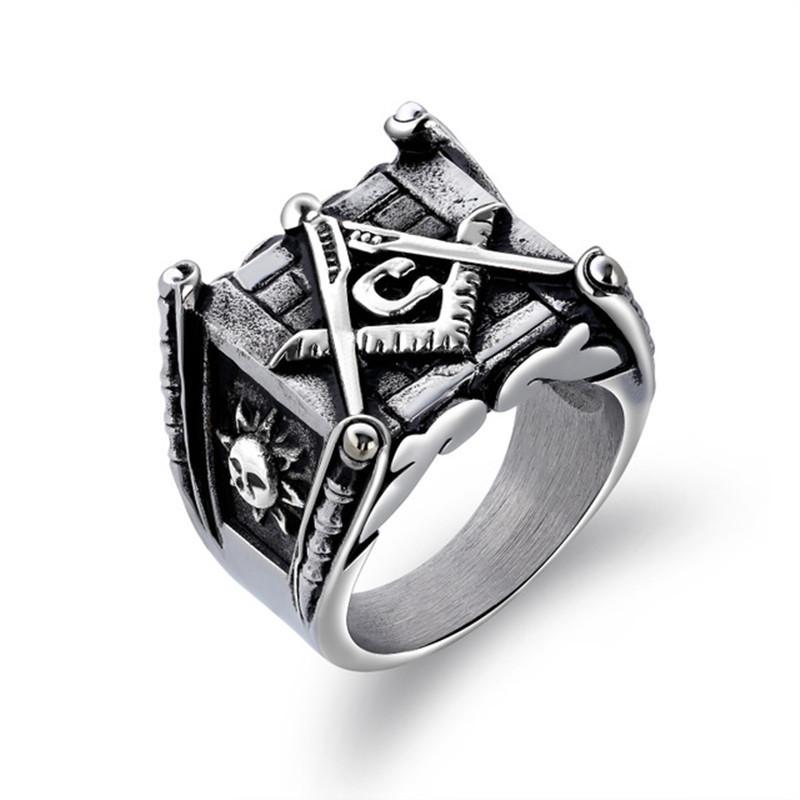 Jewelry European and American Men's Electroplating Ring Domineering Punk Skull Ring Masonic Elements