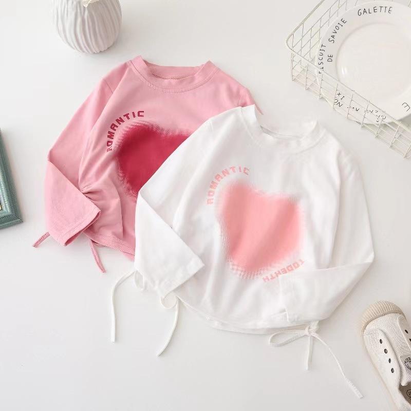 Girls Fall Korean Heart Drawstring Irregular Long Sleeve T Shirt Baby Fashionable Top