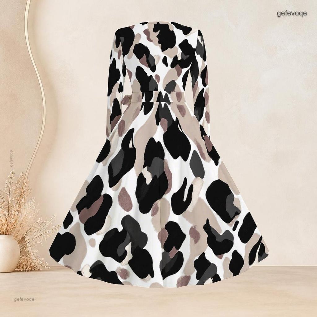 Plus Size Women Square Neck Long Sleeve Blue White Printed A Line Dress With Belt