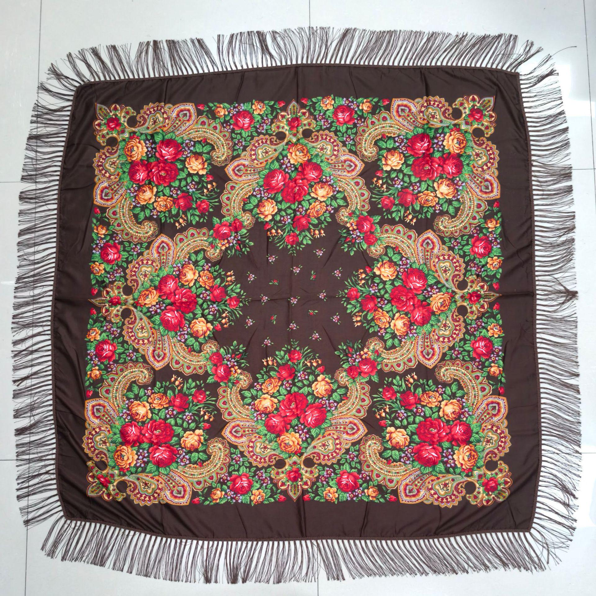 

Русская шаль с кистями большого размера для женщин - Винтажный этнический квадратный шарф с принтом 160cm x 160cm