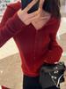 Women's French Style Red Knit Cardigan: Short, Long Sleeve, High-End Look for Spring and Autumn