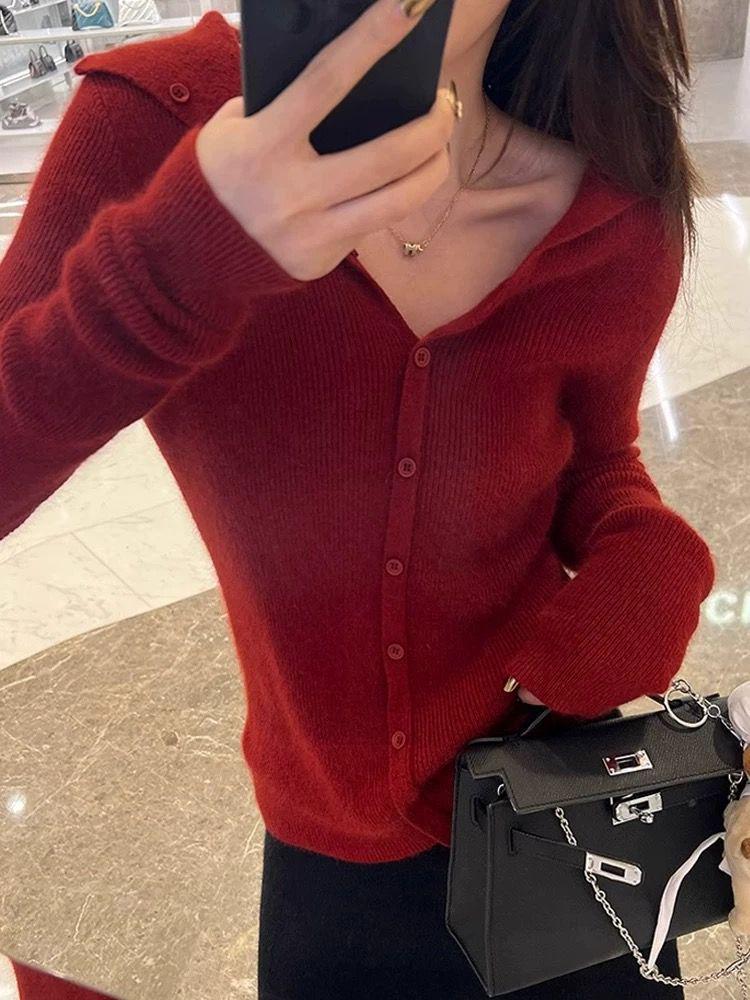 Women's French Style Red Knit Cardigan: Short, Long Sleeve, High-End Look for Spring and Autumn
