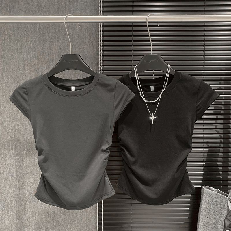 

INS Fashion Sexy Pleated Nipped Waist T-Shirt Short Sleeve Summer New Design Sense Silm Easiest for Match Shoulder Short Tops J8374 dark gray XL