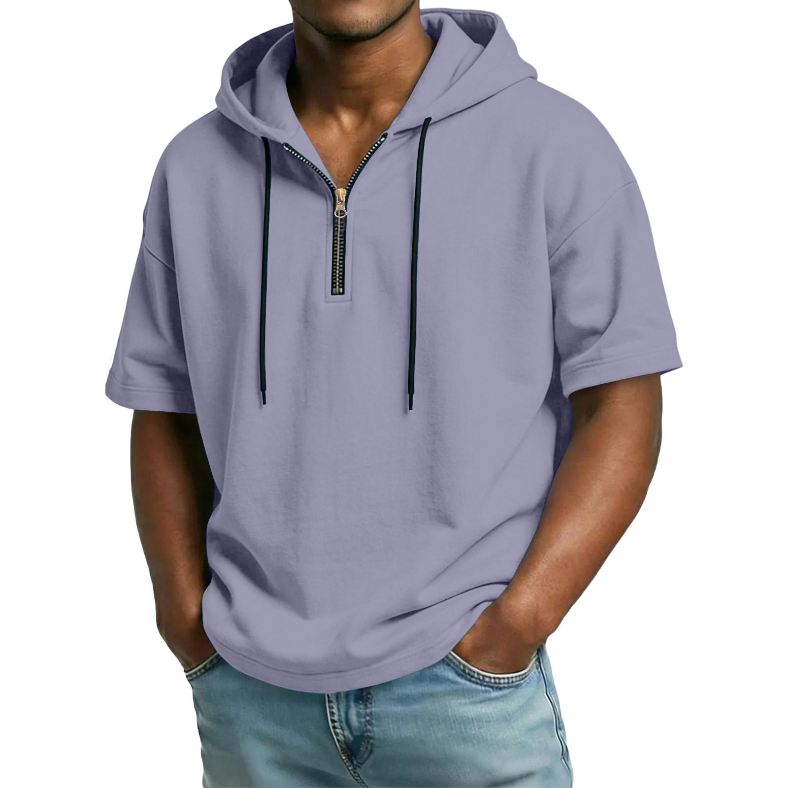 Xingben Ten Heren Casual Hoodie met Ritssluiting en Korte Mouwen L lichtpaarse kleur