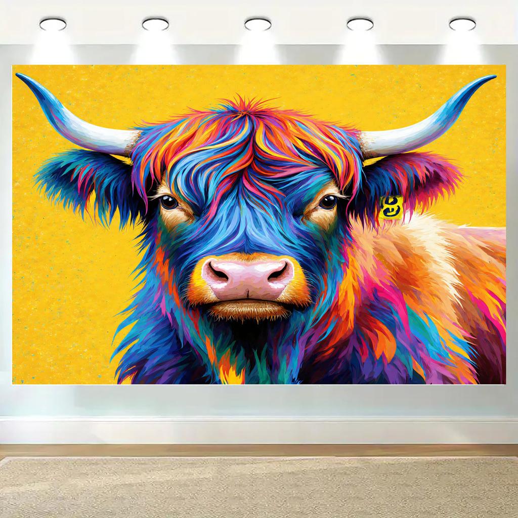 2D Flat, Colorful Highland Cow Art Tapestry Wall Hanging For Living Room Bedroom Decor Boho Animal Print Home Decoration Gift