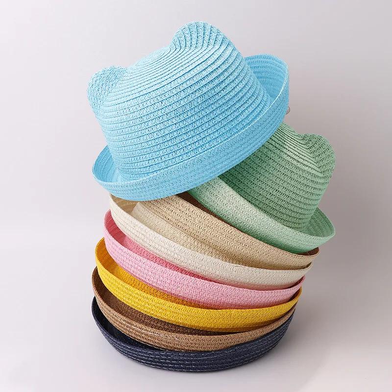 Summer Children Straw Hats For Boy Girl Cute Ears Kids Baby Panama Shades Beach Hat Unisex Breathable Dome Brim Rolled Sun Caps
