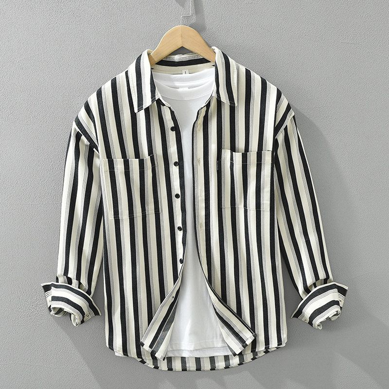 Spring and Autumn Fashion Hong Kong Style Long Sleeve Shirt Men Japanese Style Stripe Loose Leisure All-Matching Shirt Outwear Tide New Arrival