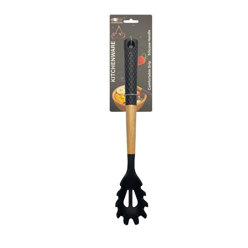 Black Wood Handle Silicone Kitchenware Set: Food-Grade Spatula, Soup Ladle & Cooking Utensils