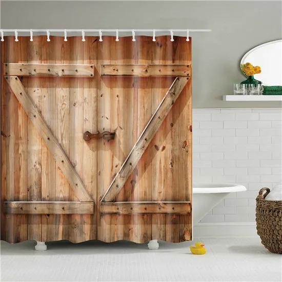 Vintage Style Wooden Door Bathroom Shower Curtains Frabic Waterproof Polyester Bath Curtain With Hooks