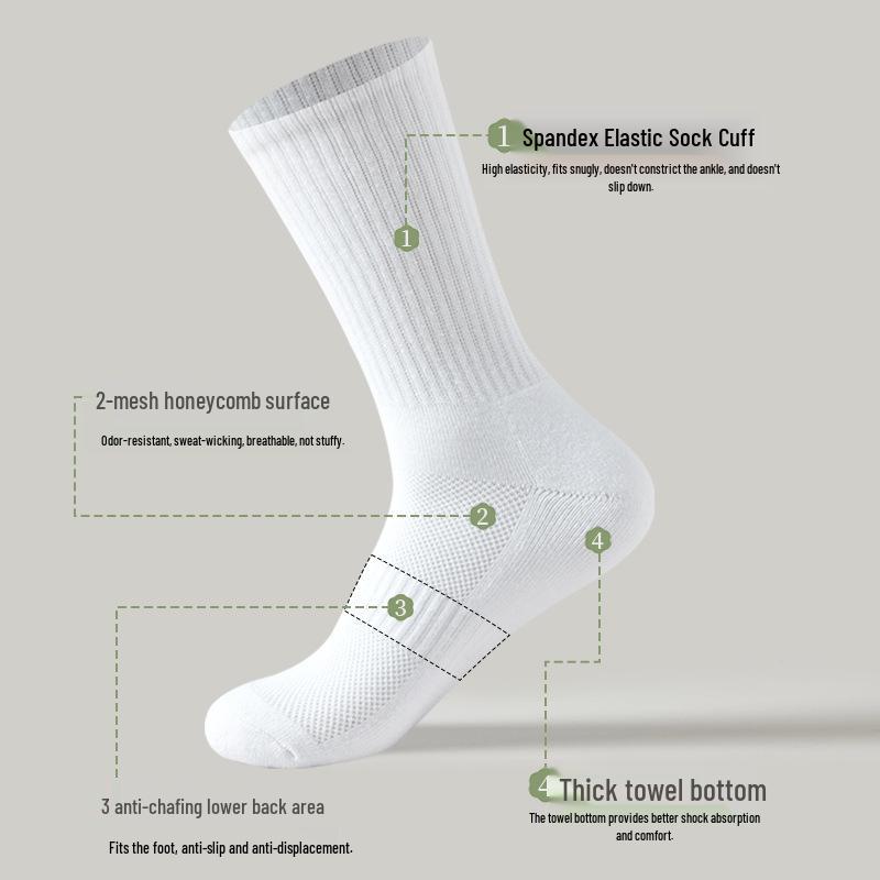 Youjia Herren Sportsocken bis zur Wade, reine Baumwolle - Dicke Frotteesohle, Weiß, UN/Q-018