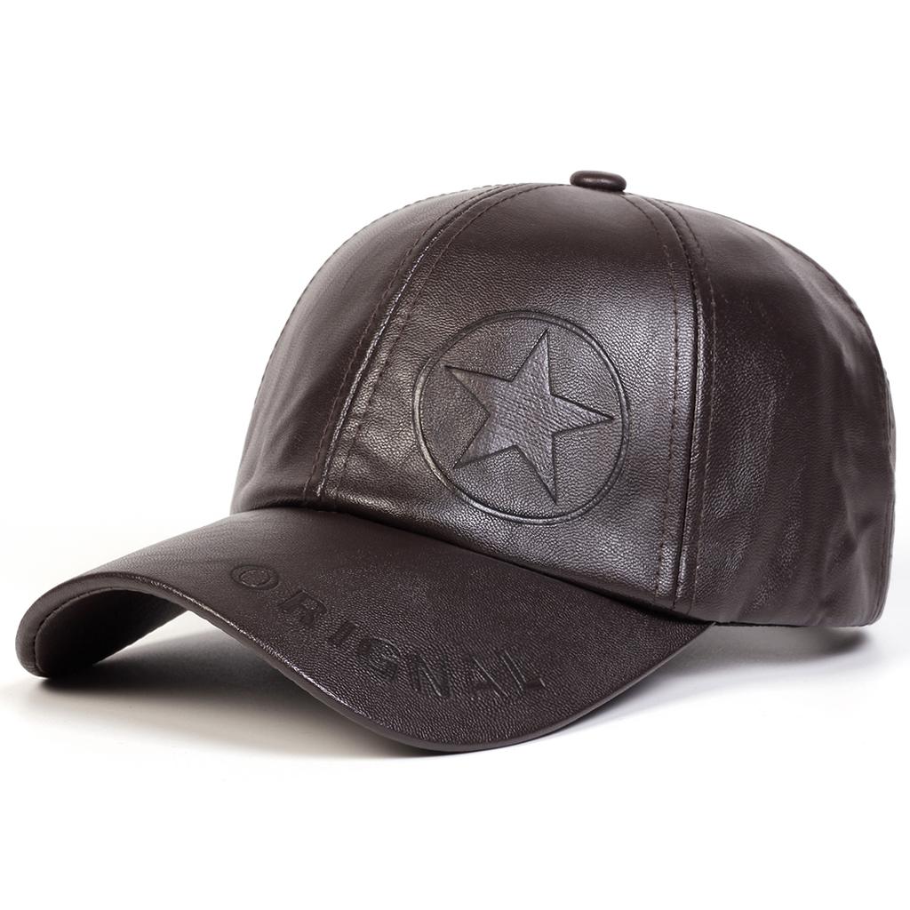 Unisex Letter Pentagram Imprint Embroidery Adjustable Pu Leather Baseball Hat Windproof and Warm Caps Spring Autumn Outdoor Sport Travel for Women Men