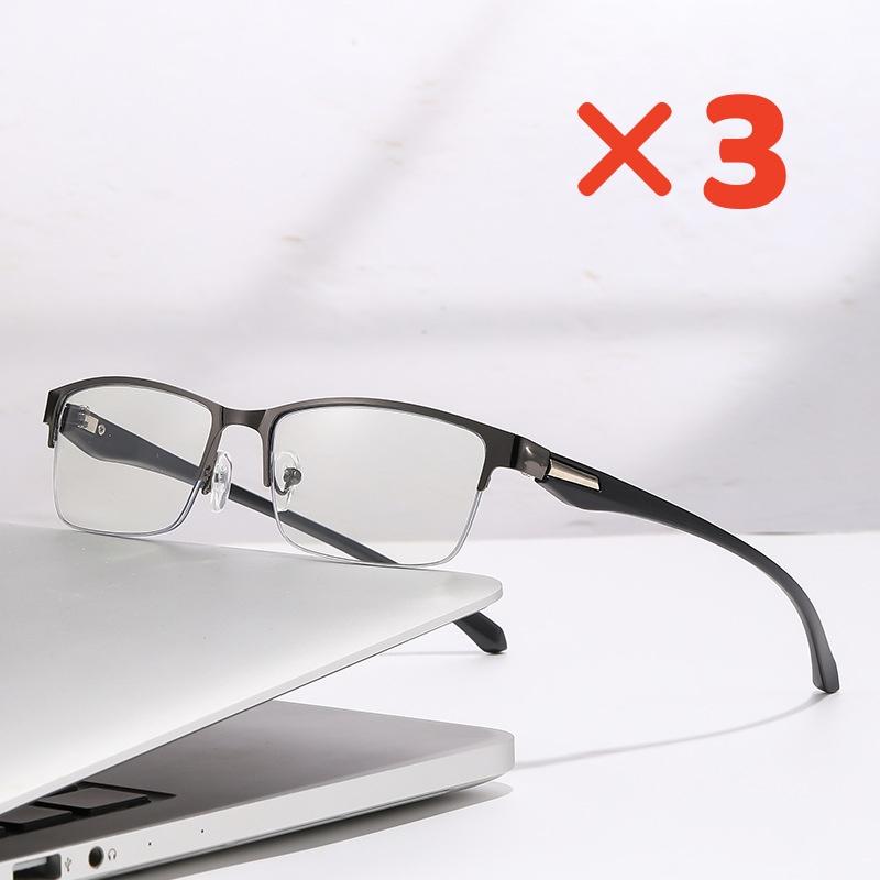 3PCS Men's Fashion Square-Frame Business Reading Glasses Metal Half Frame Single-Vision High-Definition Anti-blue Light Eyewear