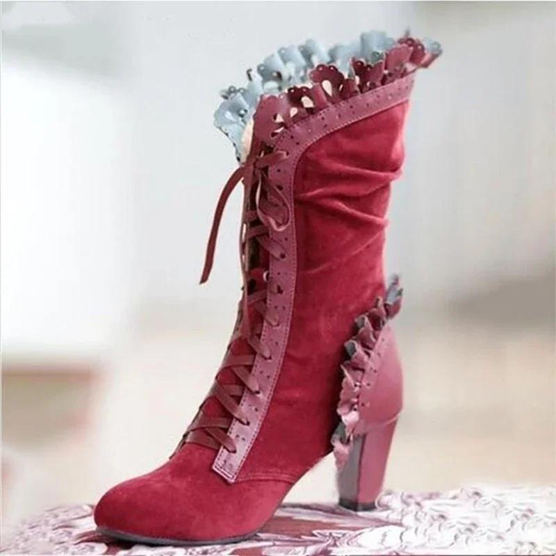 Women Lace Women's High Heel Middle Tube Boots Retro Leather Winter Shoes Booties Cowboy