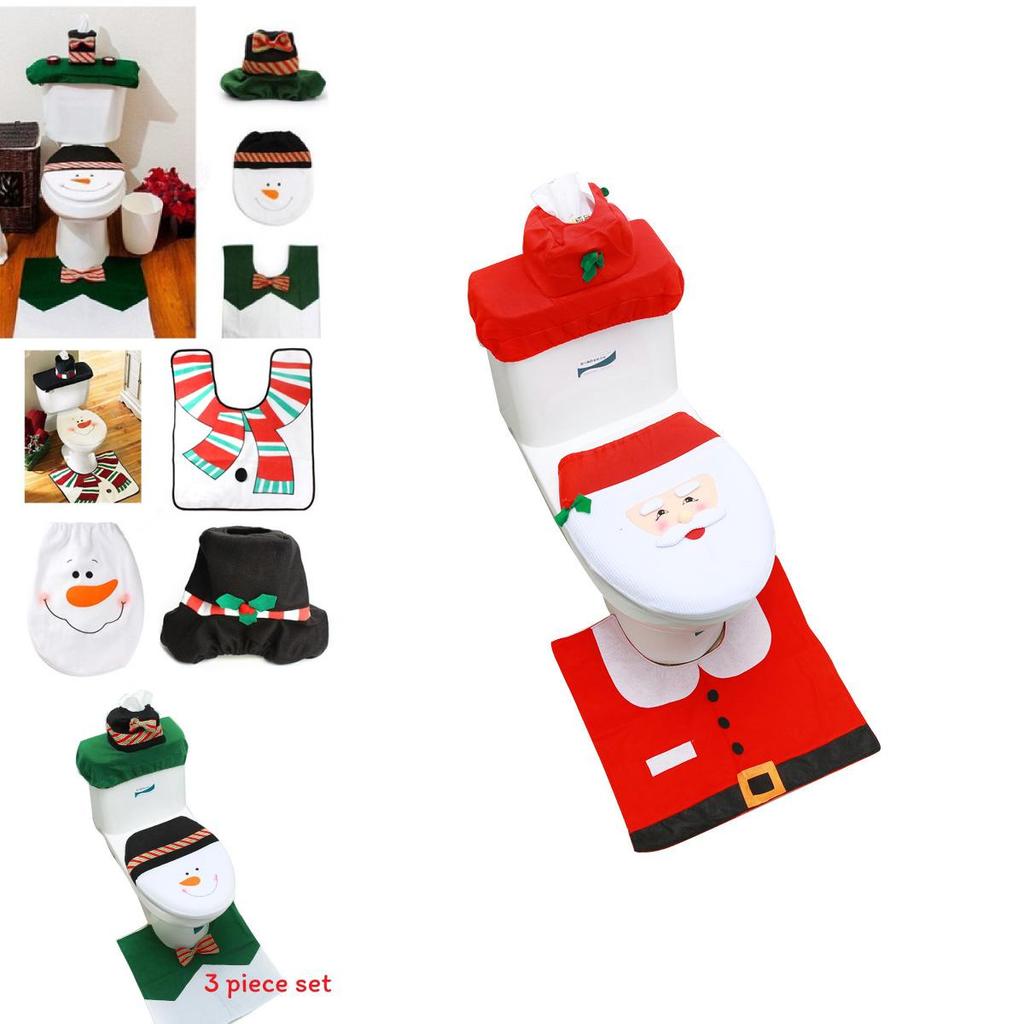 Christmas Themed Santa Claus Snowman Pattern Toilet Cover Three Piece Set For Holiday Bathroom Decor