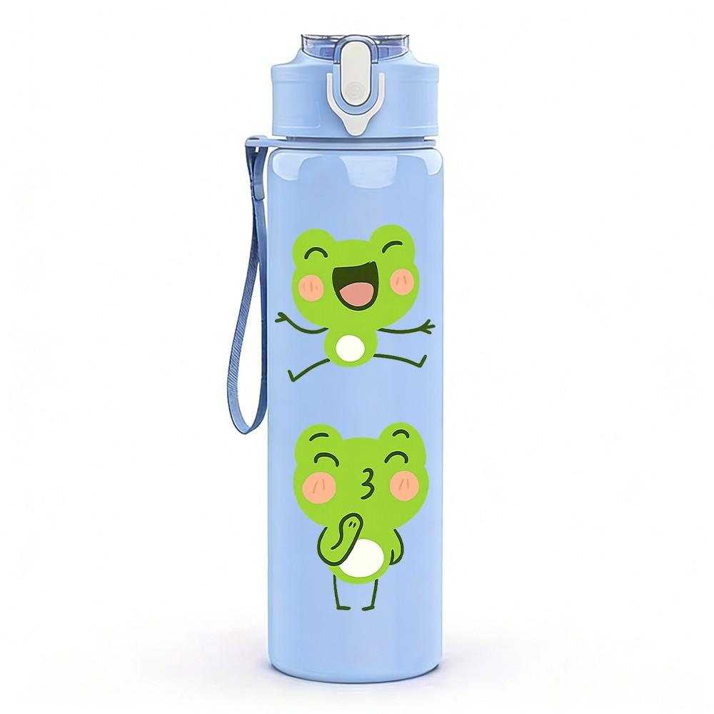 1PC Green Frog Group Cartoon Pattern 750ml Color Plastic Sports Water Bottle Leakproof Flip Straw Lid Suitable for Sports Office Home Use