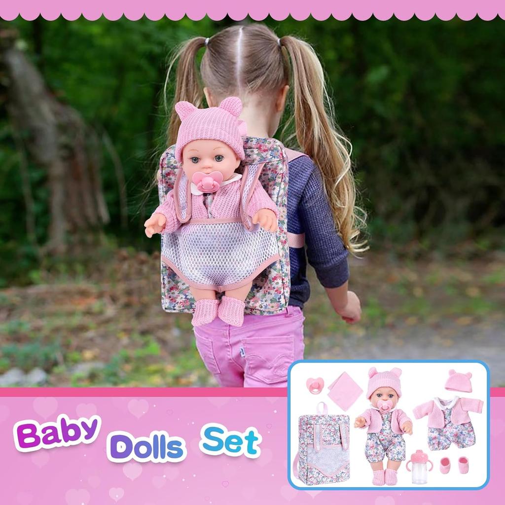 12 Inch Baby Doll Backpack Playset with Dolls Clothes and Accessories Included Backpack, Washcloth, Bottles, Nipple,Socks, Hats