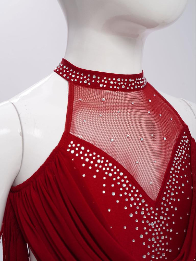 Jenter Latin Dansedrakt Rynket Mesh Design Utringning Dusker Glimrende Rhinestones Leotard med Matchende Hansker