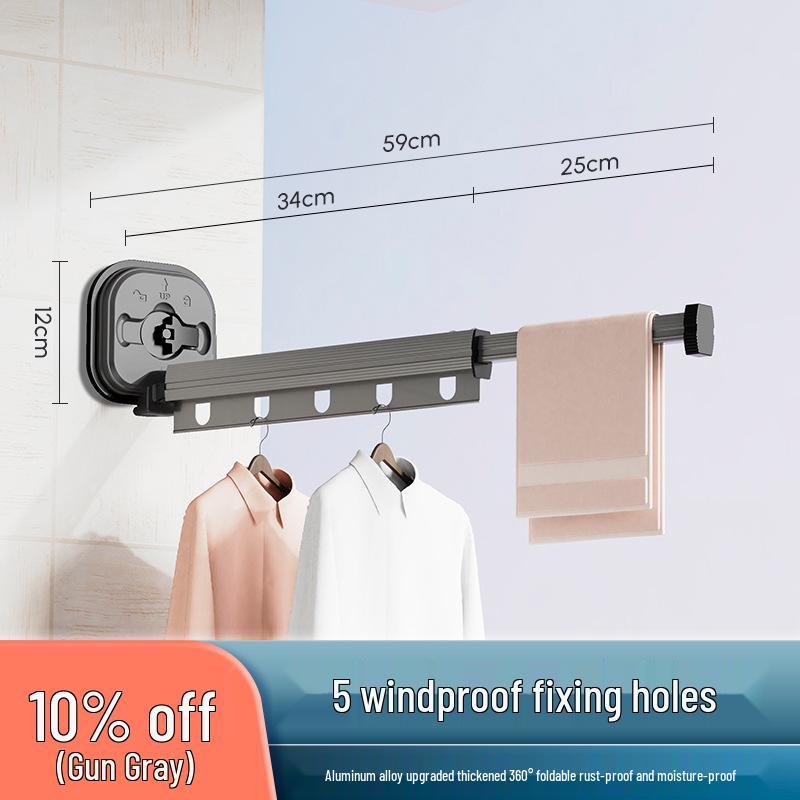 Punch-Free Suction Cup Folding Clothes Drying Rack with Retractable Rod – Invisible and Compact for Bathroom and Window Use