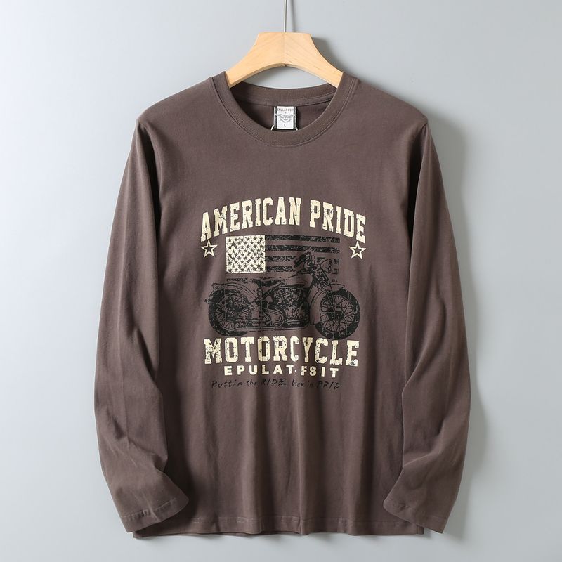 Original Foreign Trade Autumn and Winter Casual American Retro Print Simple Washed Loose Round Neck Long Sleeve T-Shirt Base Shirt for Men