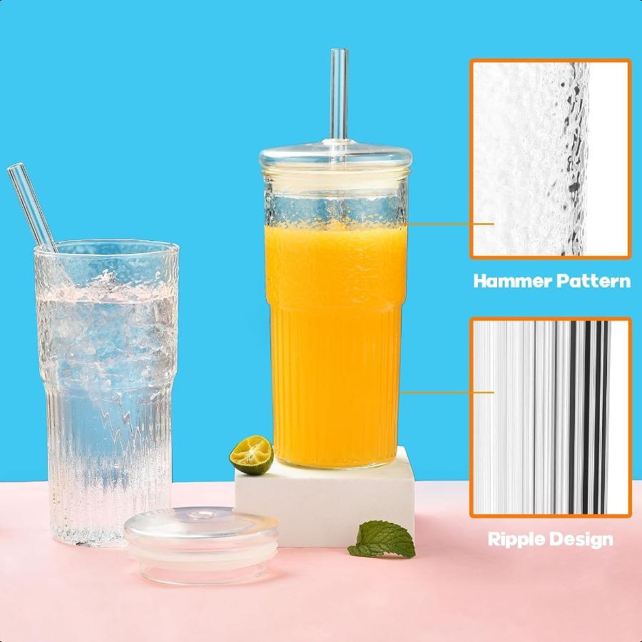 Glass Cups with Lids and Straws 22 Oz High Borosilicate Clear Iced Coffee Glass Tumblers Drinking Glass Smoothie Tea Water Cups