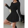 Elegantes Langarm Figurbetontes A-Linien-Stufenkleid mit Rüschen Neu Einfarbig Sexy Freizeit Party Abendkleider Damenmode Frühling Sommer Kleidung