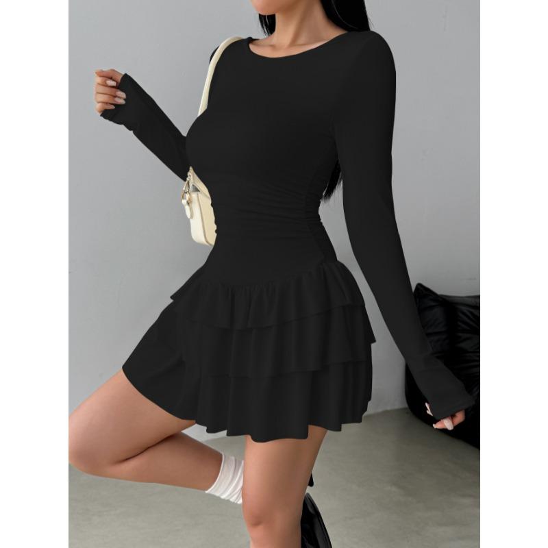 Elegantes Langarm Figurbetontes A-Linien-Stufenkleid mit Rüschen Neu Einfarbig Sexy Freizeit Party Abendkleider Damenmode Frühling Sommer Kleidung