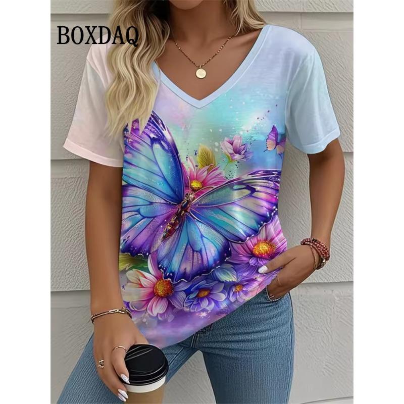 Casual V-Neck Women's T-shirt Summer Outdoor Fashion Short Sleeve Tops Floral Print Butterfly Pattern Plus Size Women's Clothing