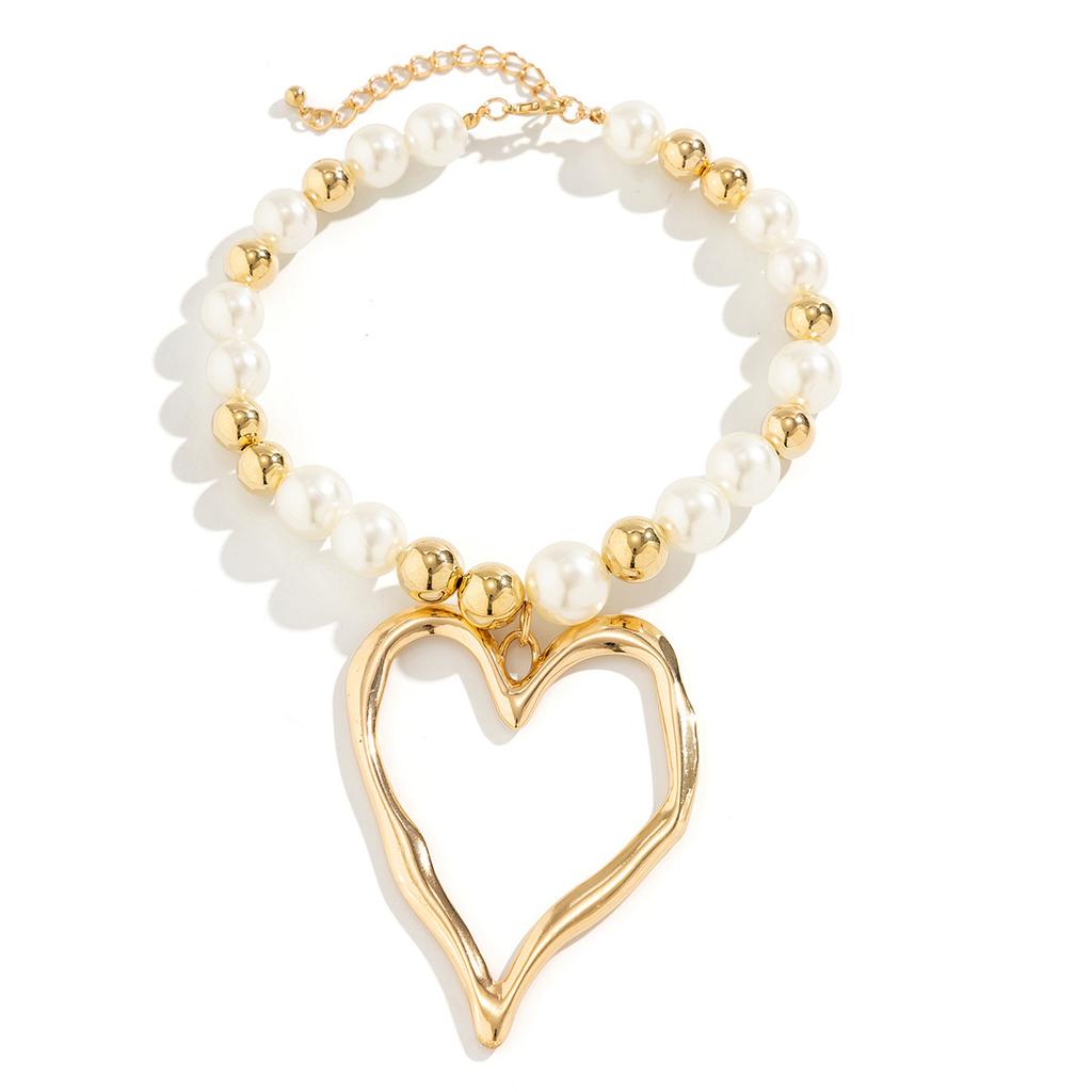 Exaggerated Lava Irregular Love Pendant Necklace, Simple Round Bead Mixed Color Imitation Pearl Necklace