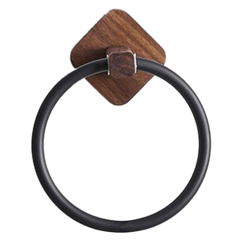 Adhesive Towel Ring Aluminum Wood Wall Mounted Matte Black Kitchen Bathroom Towel Holder Ring Shelf Self Adhesive