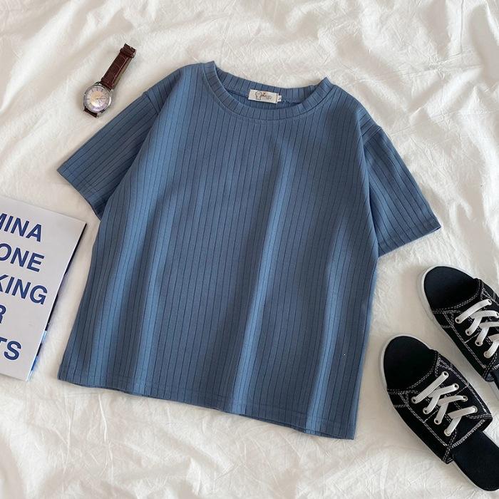 

Tile map Spring and summer new knitted pit strip short-sleeved female student versatile top short M