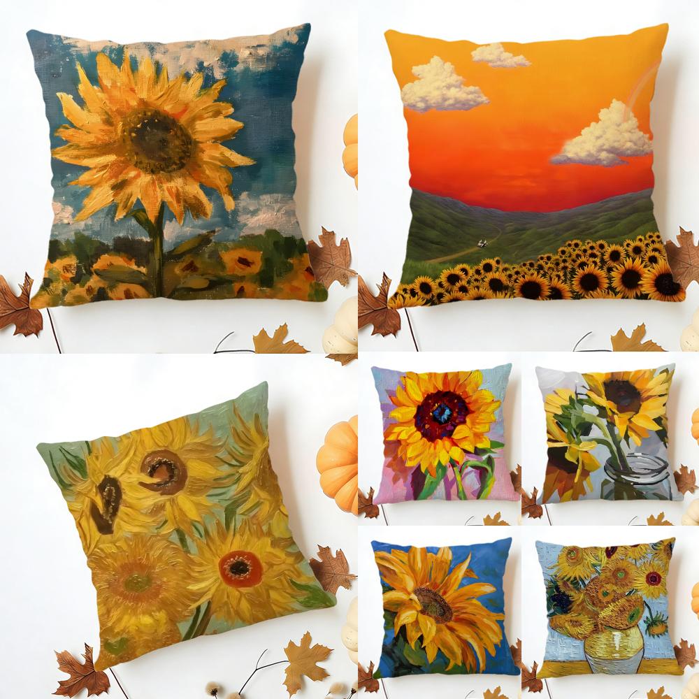 sunflower Cushion Cover Washable Linen Pillowcase Soft for Sofa Bed Cozy Home Room Decor
