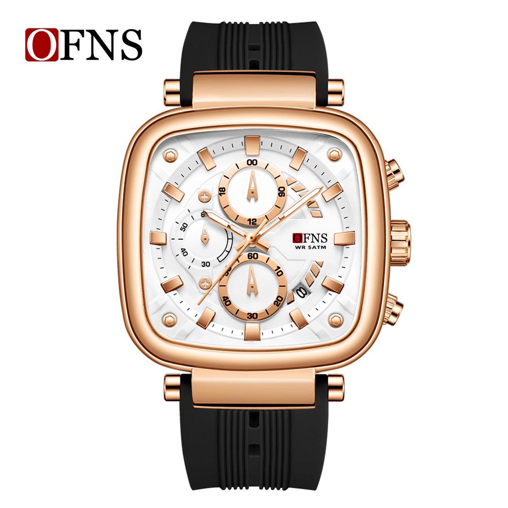 OFNS Men's Square Quartz Chronograph Watch: Luminous, Waterproof, Six-Hand Design, with Calendar for Casual or Commuter Wear.