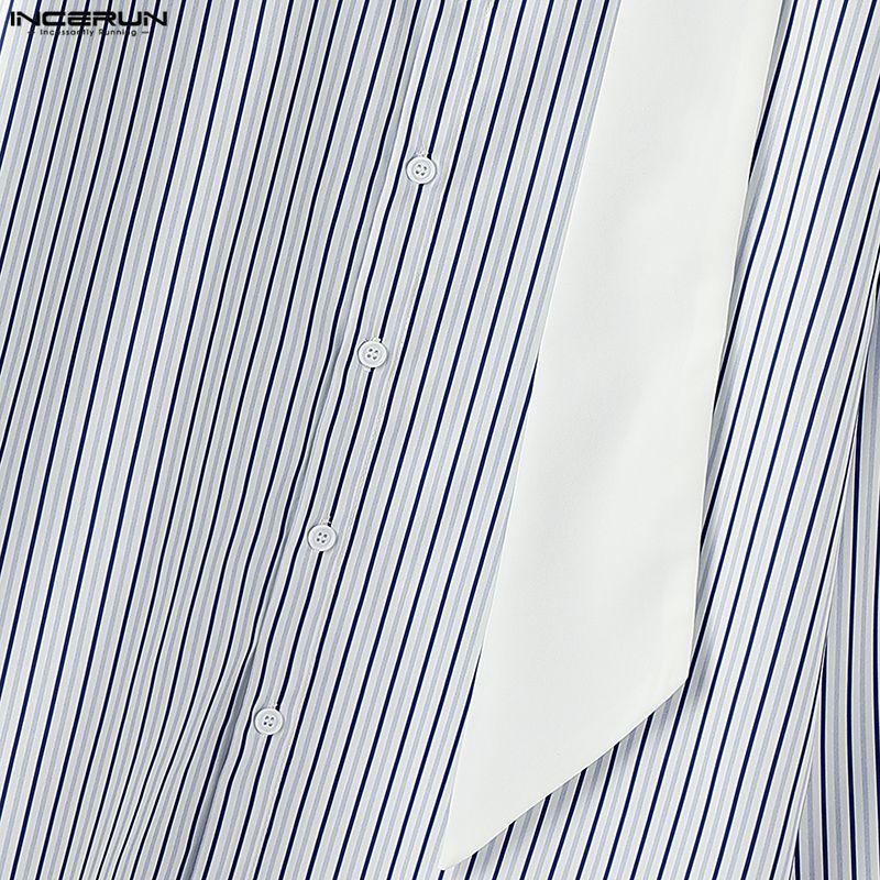 INCERUN Oversized Men Long Sleeve Patchwork Buttons Up Casual Striped Shirts Tops