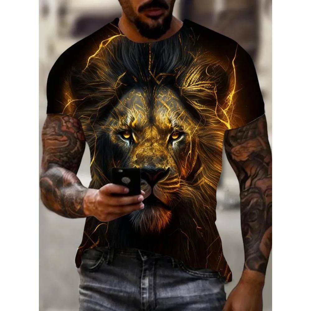 Men's Animal Domineering Lion Print Short Sleeved T-shirt Large Loose Casual Fashionable Comfortable Soft Breathable T-shirt