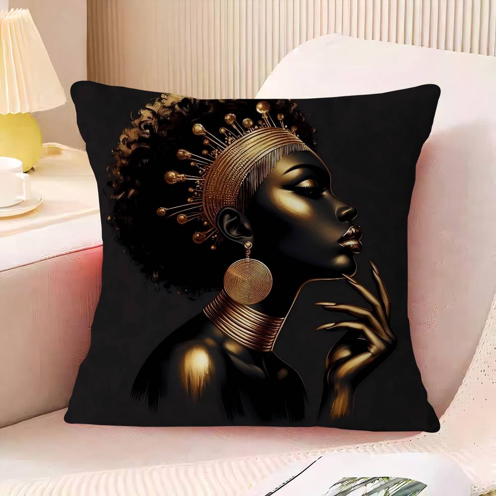 

African Art Black And Gold Woman Oil Stitch Lucky Dragon Pillow Cover Sofa Cushion Cover Home Room Decoration Children Gift 16x16Inch