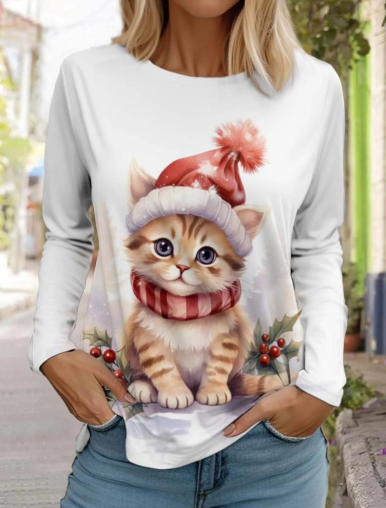 Large-sized Funny Women Christmas Cat Pattern T-Shirts Autumn Long Sleeve Christmas Snowflakes 3D Printed Street Ladies Clothing Casual Tops