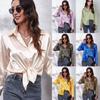 Women's Long Sleeve Silk Feeling Shirt Wrap Knot Casual Blouse