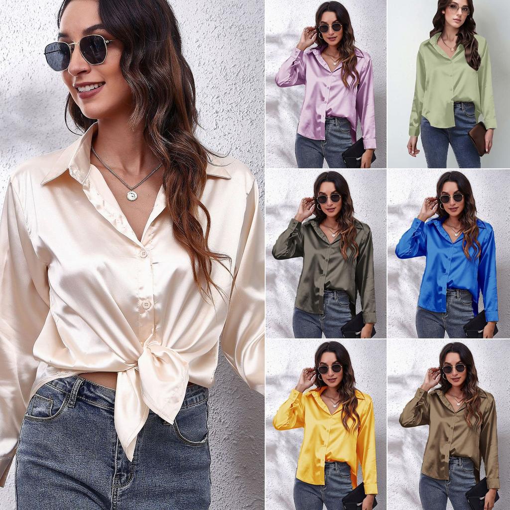 Women's Long Sleeve Silk Feeling Shirt Wrap Knot Casual Blouse