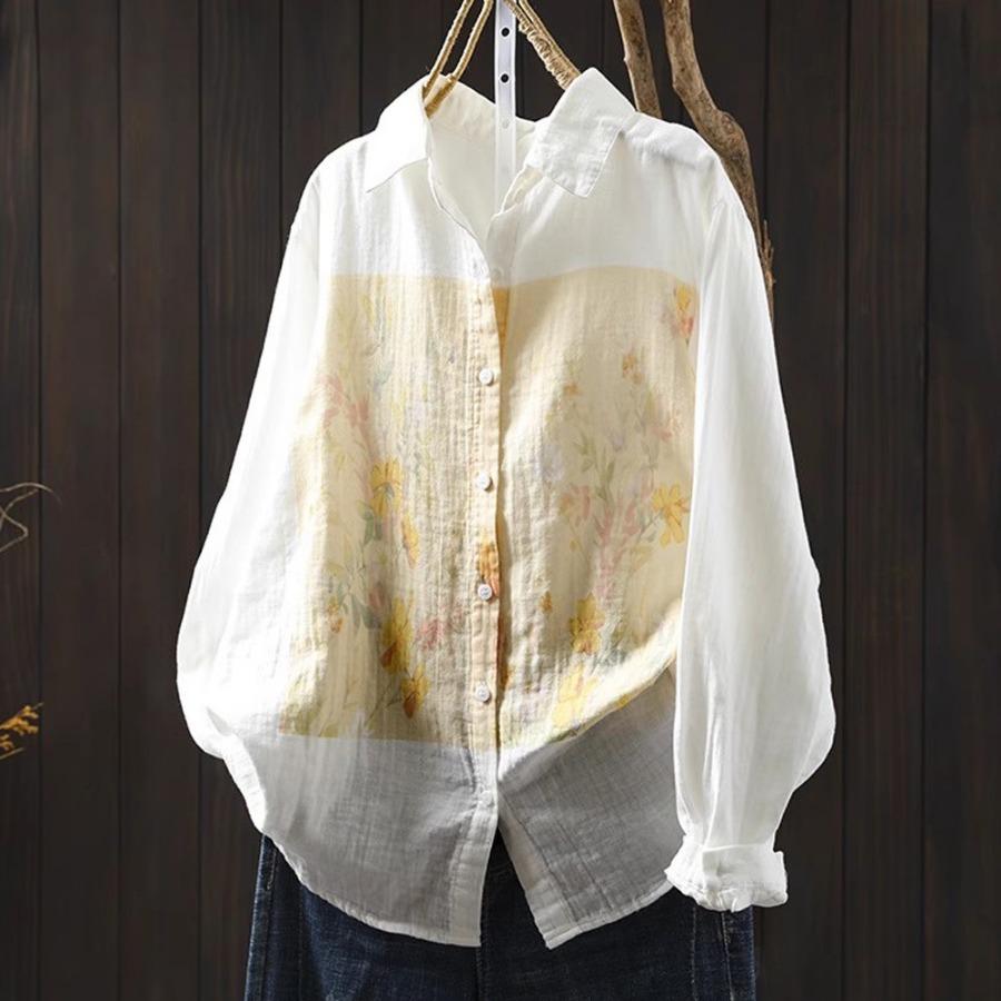 Primavera Otoño Top Blanco Camisas de Hilo de Algodón de Doble Capa Mujer Cuello de Solapa Manga Larga Blusas Estampadas