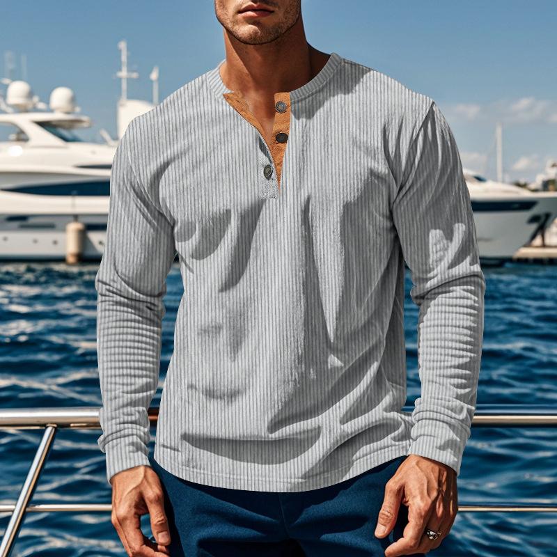 Neues Herren T-Shirt Langarm Basis Vier Knopf Cord Slim Herrenhemd