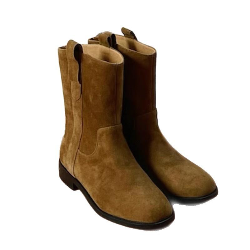 Sheepskin version ~ Korean retro suede round toe thick heel western cowboy boots boots boots women's 2025 new versatile women's boots
