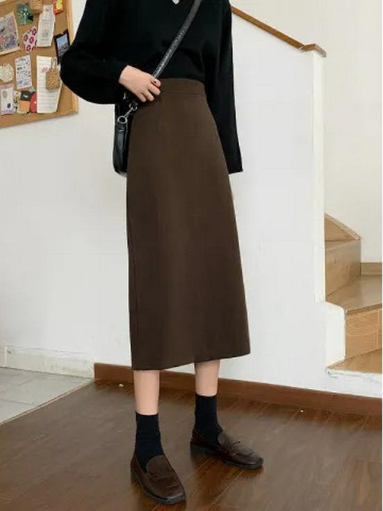 Women's 2025 Spring & Autumn High Waist Wool A-line Bodycon Skirt - Slimming Black Slit Design for Versatile Hip Coverage