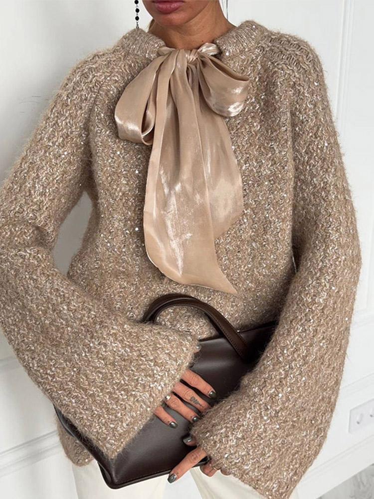 Ladies' Bright Silk Lace Up Knitted Round Neck Sweater Women's Warm and Fashionable Winter Round Neck Pullover 2025