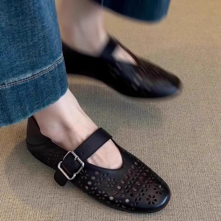 Bohemian Hollow Single Shoes Women's Gentle Hole Shoes Late Evening Breeze Grandma Shoes Leather Flat-soled French Mary Jane Shoes