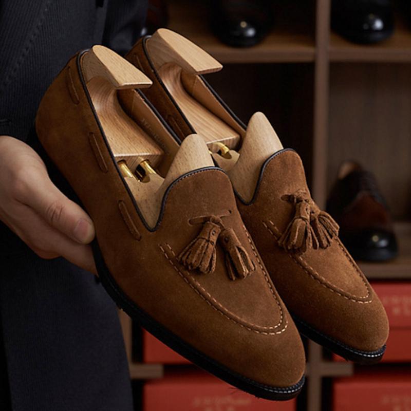 Coffee/Brown Suede Leather Fringe Loafers Shoes
